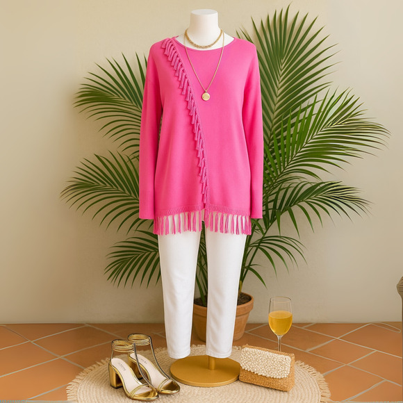 Lilly Pulitzer Emberly Sweater M | Mandevilla Pink Fringe Tassel Pullover Medium - Picture 1 of 9